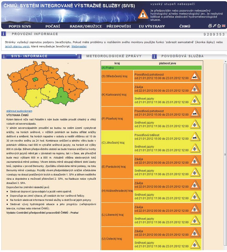 Obrázek – Prezentace předpovědní výstražné informace na portále ČHMÚ